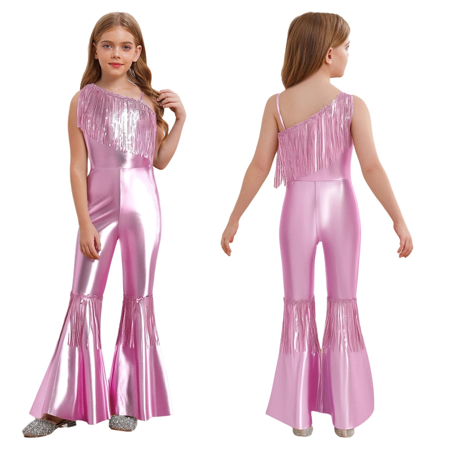 Halloween Kids Girls Hippie Costume Tassels Unitard Bell-bottom Long Pants Bodysuit Jumpsuit for Disco Dance 60s 70s Rave Party