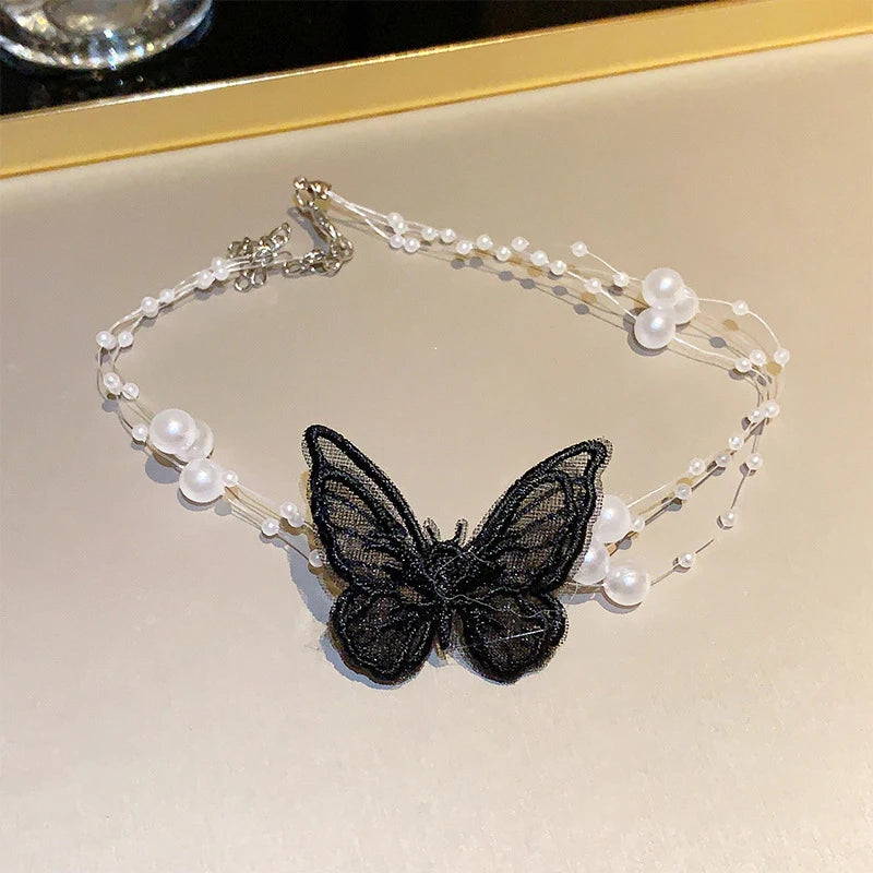 Elegant Multilayer Pearl Neck Chain Fashion Butterfly Necklace For Women Wedding Jewelry Accessries Gift