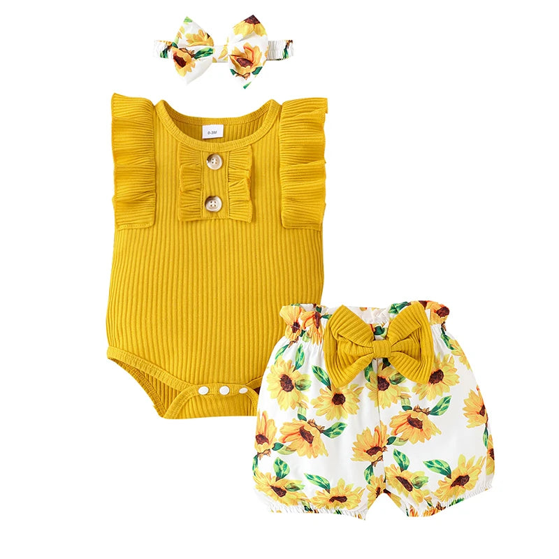 Baby Girl Summer Set Sleeveless Frill Trim Ribbed Romper Elastic Waist Shorts Bow Headband Infant Toddler 3 Piece Outfit