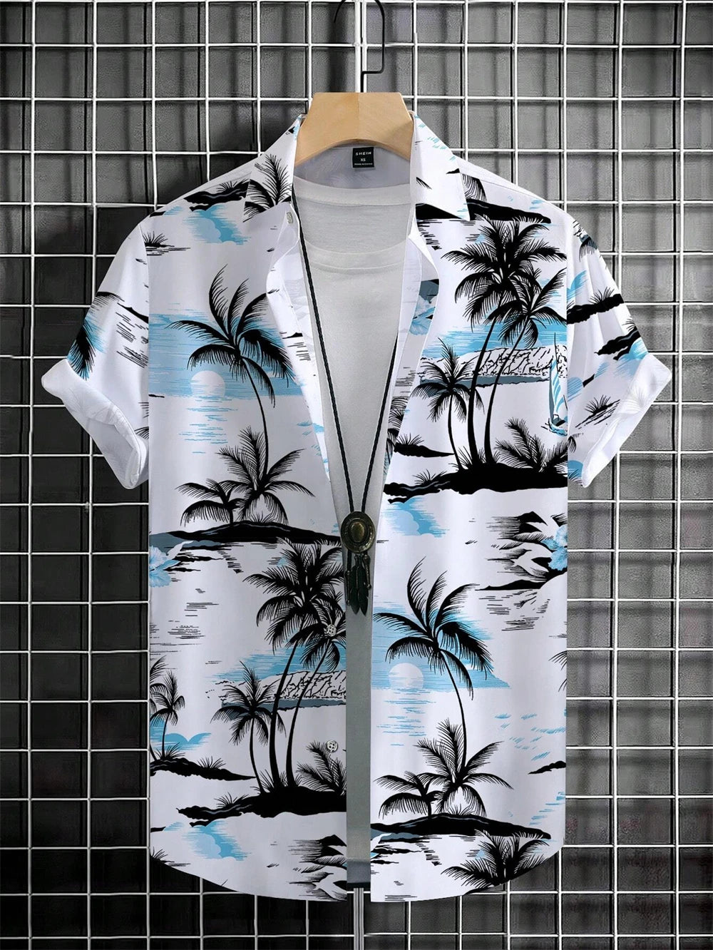 Men's Coconut Tree Graphic Print Short Sleeve Lapel Shirt Tops Men's Casual Button down Shirts Clothing Versatile Shirts