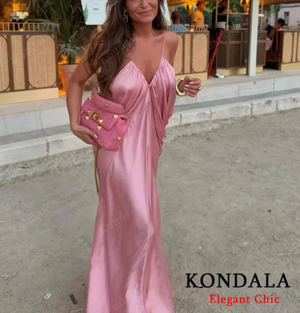 KONDALA Elegant Pleated Satin Dress Women Side Fold Pleated Suspender Long Dress 2025 Summer High Street Dating Lady Dress