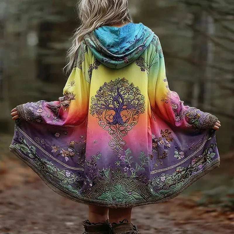 Halloween Costume Woman Pattern Print Retro Trench Coat New Fashion Loose Long Hooded Cardigan Autumn Long Sleeve Hoodies Jacket