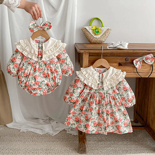 2025 New Spring Baby Sisters Dress 1-5Yrs Girl Party Dress Long Sleeved Cotton Rose Print Romper Sisters Kids Princess Dresses