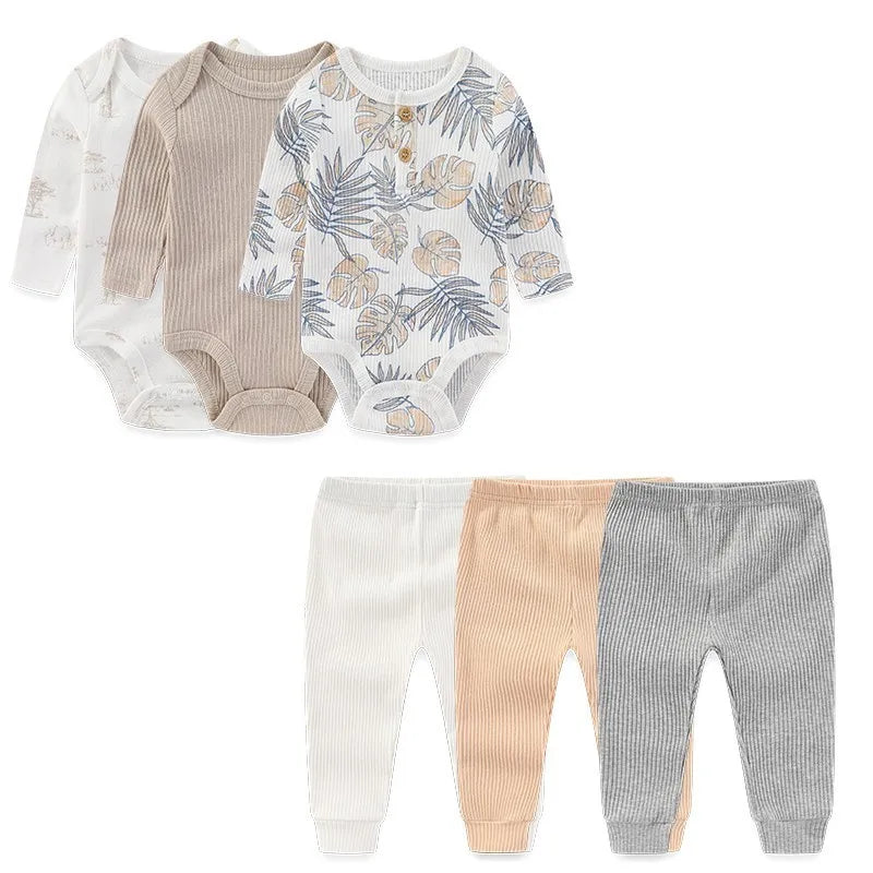 6 Pcs Cotton Bodysuits+Pants Long Sleeve Newborn Baby Girl Clothes Sets Spring Print Baby Boy Clothes Solid Color 0-12M Autumn