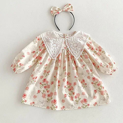2025 New Spring Baby Sisters Dress 1-5Yrs Girl Party Dress Long Sleeved Cotton Rose Print Romper Sisters Kids Princess Dresses