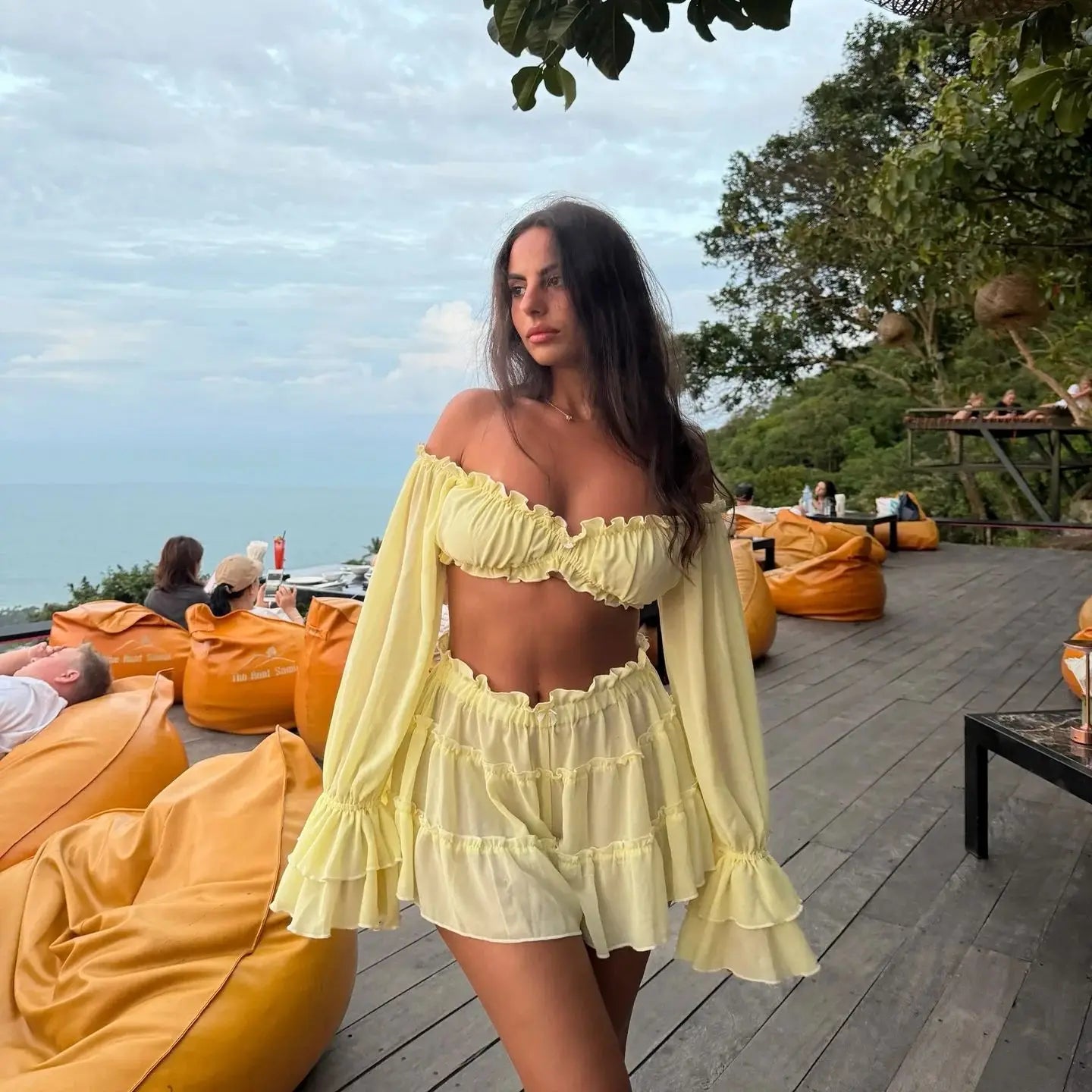 Ruffle Dress Bandage Two Piece Dress Long Sleeve Dresses Cover Up Women A Line Dress Summer Party Evening Female