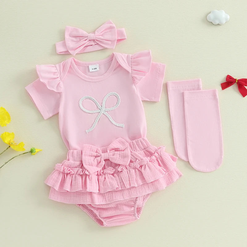 0-18M Newborn Infant Baby Girl Summer Outfits Bow Embroidery Short Sleeve Romper+Tutu Skirt Shorts+Socks +Headband Set