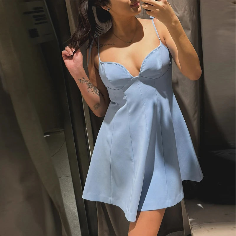 HXAO Bow Short Dresses for Women Blue Thin Straps Backless Sleeveless Women's Dresses Casual Sexy Lady Dress Elegant Party Dress