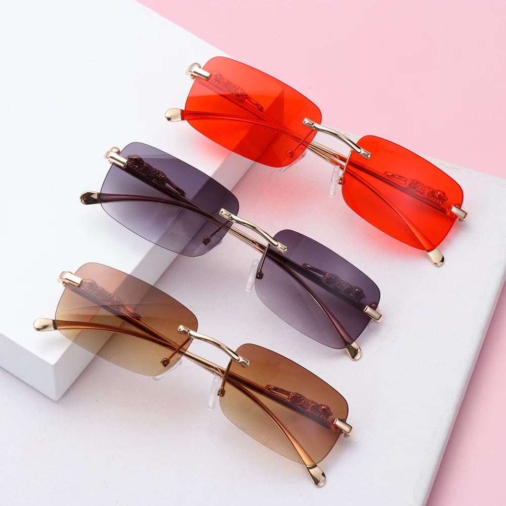 Rimless Square Sunglasses Women Men Luxury Brand Designer Popular Travel Driving Metal Leopard Head Sun Glasses Shade Eyewear