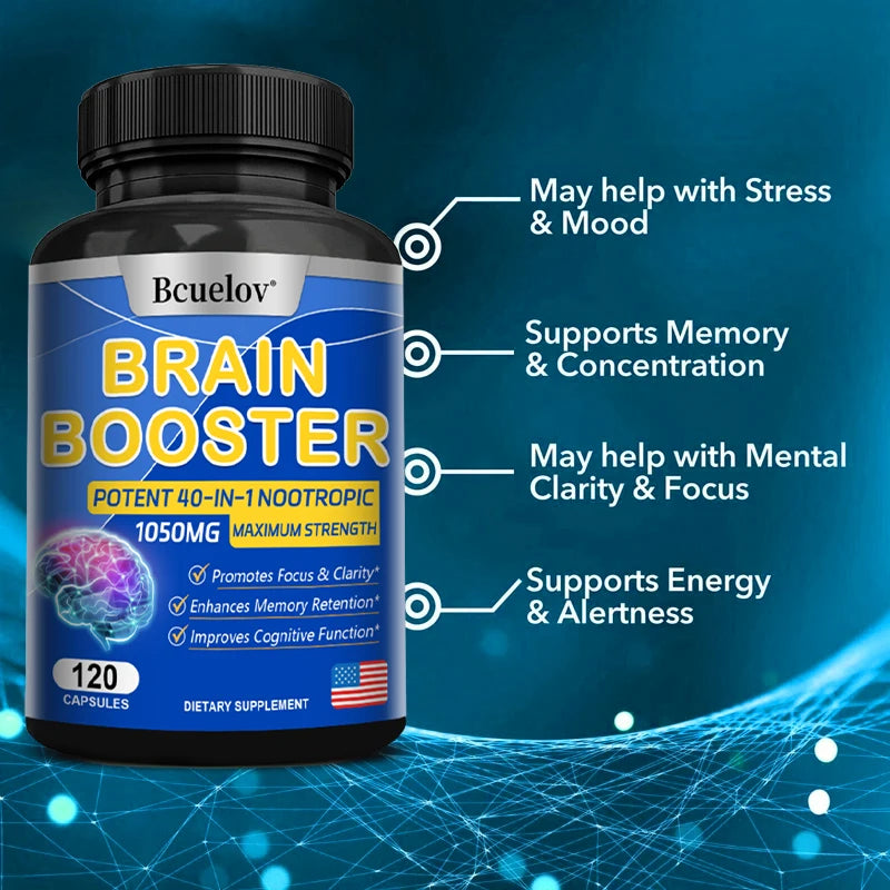 Brain Nutrition Capsules - Dietary Supplement, 40-in-1 Potent Formula, Vegan, Non-GMO, Supports Focus and Brain Health