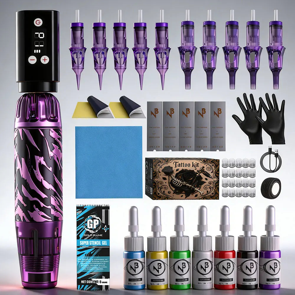 Goldplume Tattoo Set 10 Tattoo Needles Tattoo Pen Set High Power Tattoo Power Supply Tattoo Machine Set
