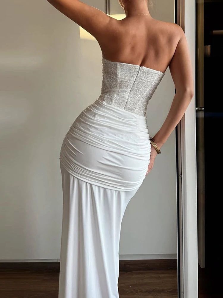 Women's Sexy Strapless Sleeveless Evening Dress Fashion Waist Slim Solid Wedding Dress Elegant Sequins Splicing Pleat Long Dress
