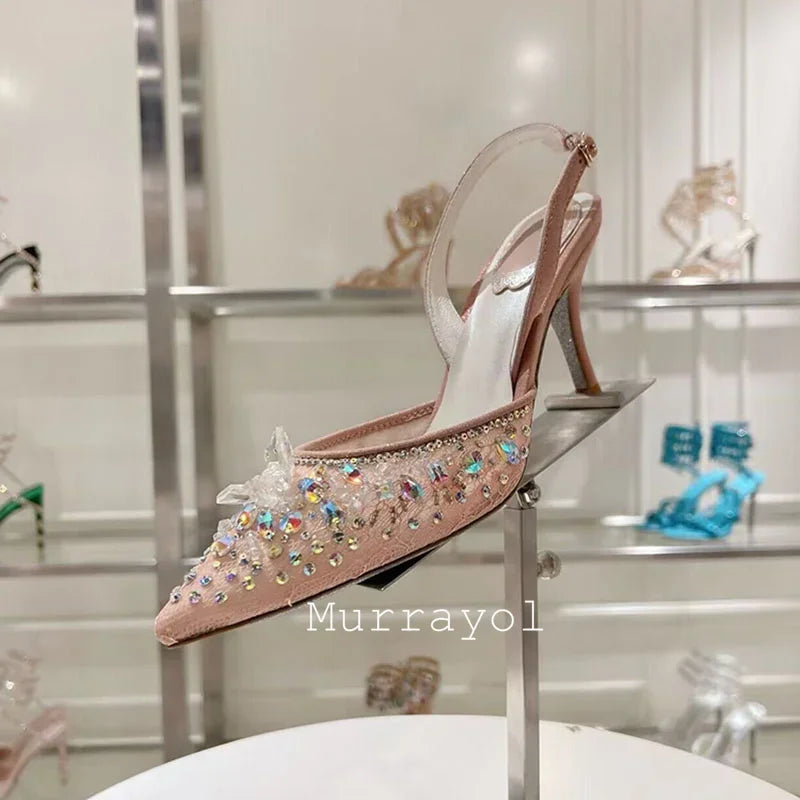 Pointed Toe Lace Gauze Thin High Heels Sandals Women Shine Rhinestone Decor Sandalias Summer Party Dress Wedding Shoes Pumps