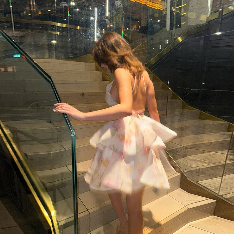 Modest Sweet Printed Neck Strap Mini Dress For Women High Waist Sexy Dresses Summer Elegant Tiered Clothing