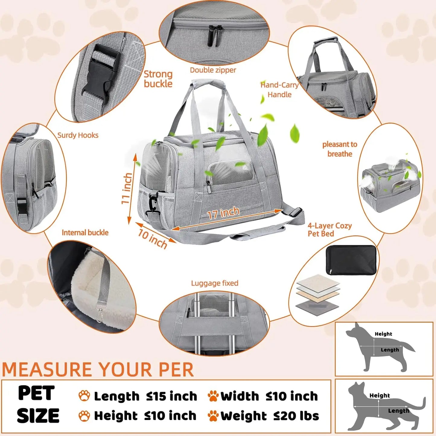 Pet Carrier Bag Airline Approved Up for Cats and Dogs Up to 20LBs, Soft Cat Carrier Dog Carrier Travel Kitten Carrier with Mat