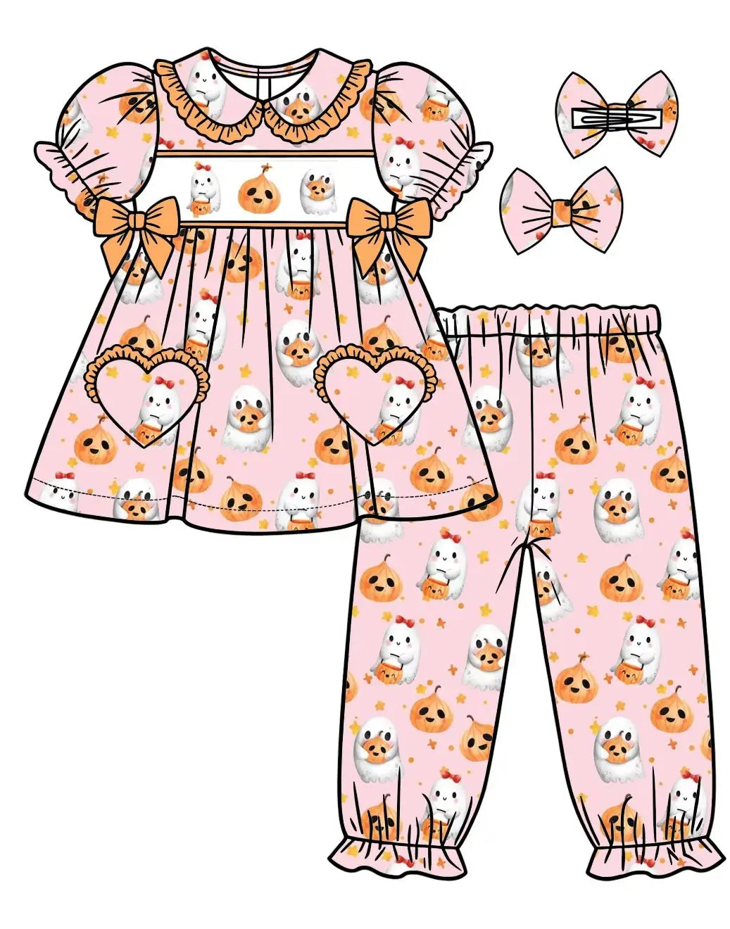 New Kids Halloween Ghost Pumpkin Outfit Girls Puff Sleeve Dress Boys Button Collar Shirt Ruffle Pants Christmas Bear Set