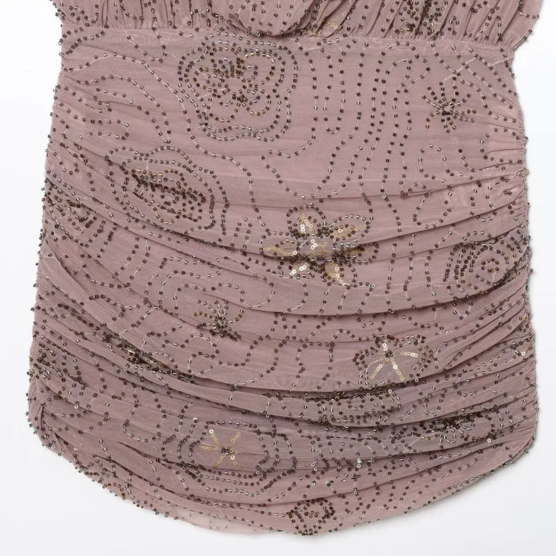 Sequin Rhinestone Woman Summer Dress Short Prom Backless Mini Dresses  V-Neck Halter Tops Mini Dress Pink Pleated Ladies Clothes
