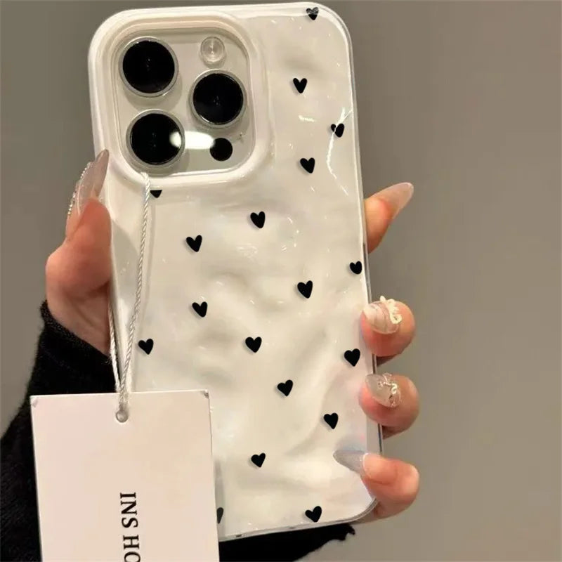 White Small Love Pattern Phone Case For iPhone 17 16 15 14 13 12 11 Pro Max 15 16 Plus Shockproof Soft Back Wave Texture Cover