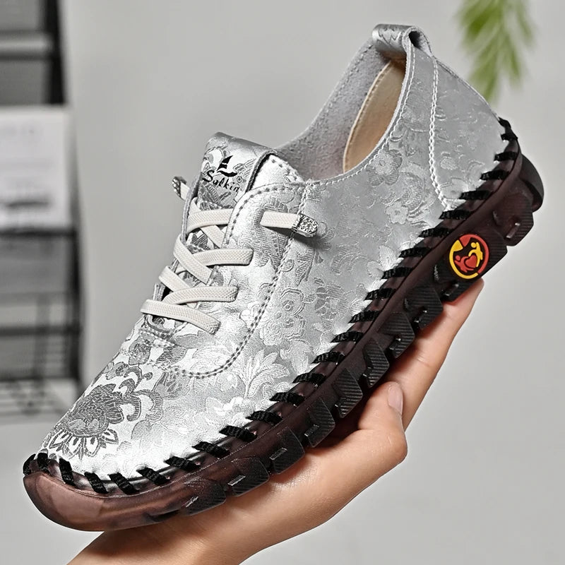 Print Fashion Sneakers Women Hand-stitching Leather Casual Shoes Design Platform Loafers Breathable Flats Shoe Driving Plus Size
