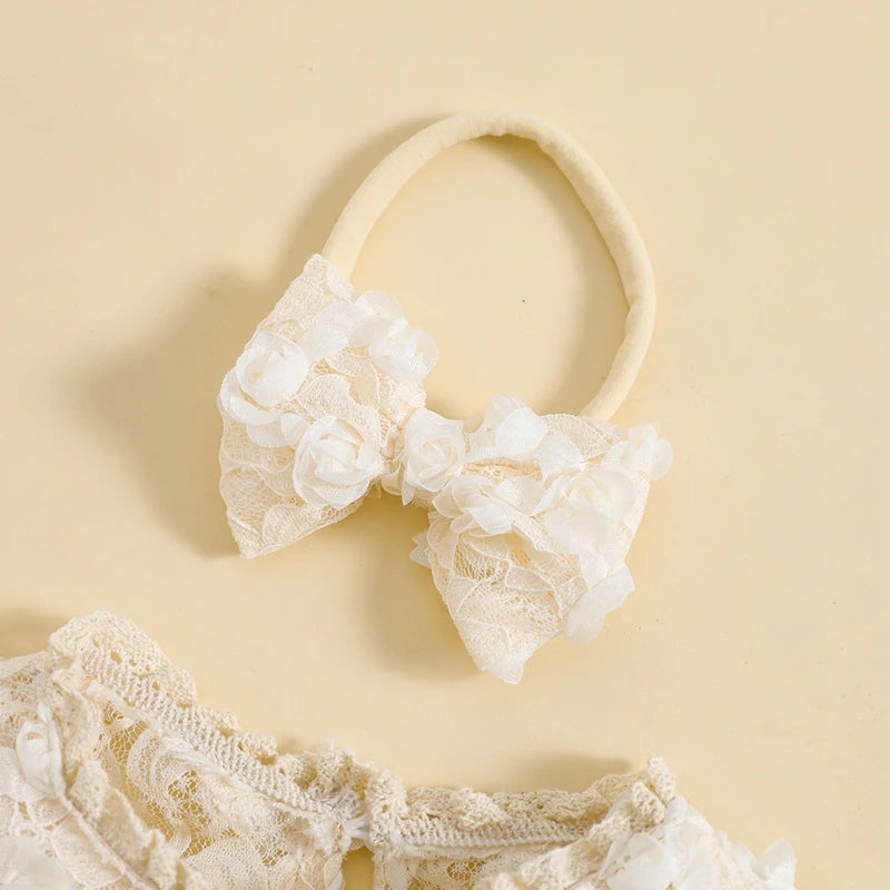 Baby Girls Autumn Romper Dress Long Sleeve Lace Floral Tulle Patchwork Romper with Headband