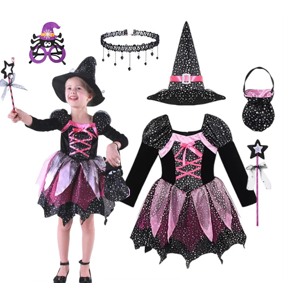 2026 Girls Halloween Cosplay Witch Dress With Hat Bag Costume Carnival Vestidos Kids Party Cosplay Dress Children Costume