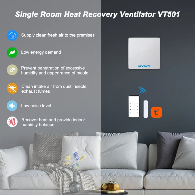 Heat Recovery Ventilator with Ceramic Heat Exchanger, Wall-Mounted Fresh Air System with WiFi/Remote Control for Home, Attic
