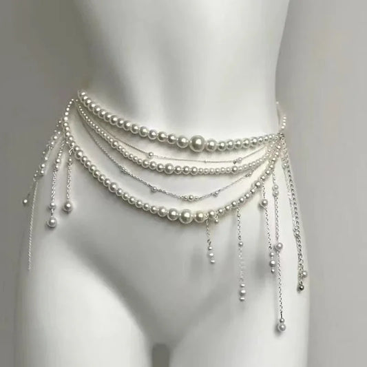 Sexy Geometric Pearl Waist Chain For Women Flower Tassel Double Layer Beads Chain Belt Streetwear Summer Fashion Body Jewelry