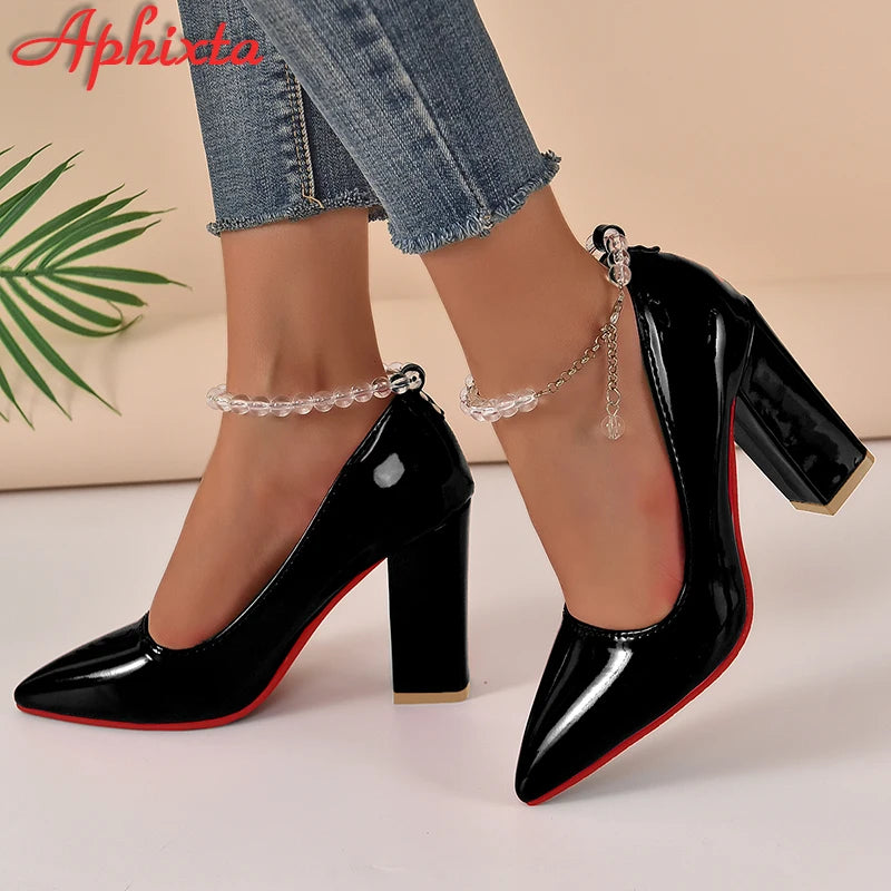 Aphixta Crystal Glass Ball 3.94inch High Square Heels Pumps Women Transparent String Bead Chain Strap Shoes Big Size 50 53