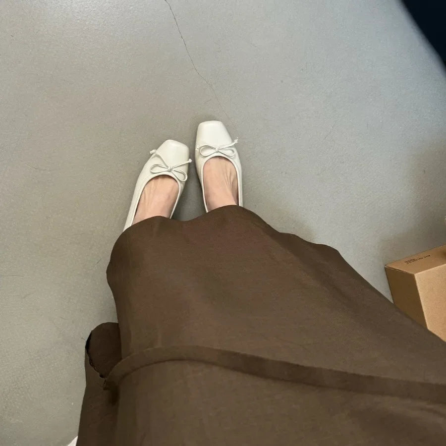 Gentle Fairy Style Flat Bottom Single Shoes Women's Spring 2025 New Butterfly Knot Square Head Silver Color Bean Shoes