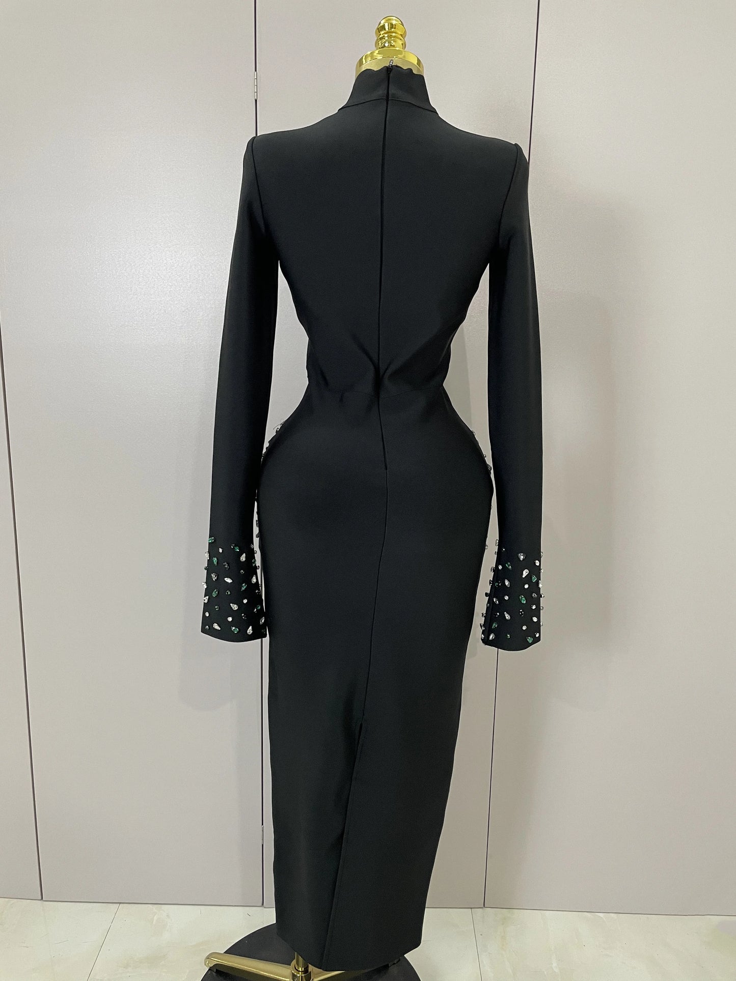 Women High Quality Black Color Long Sleeve Sexy Shiny Crystal Bodycon Long Bandage Dress Evening Birthday Party Cocktail Dress