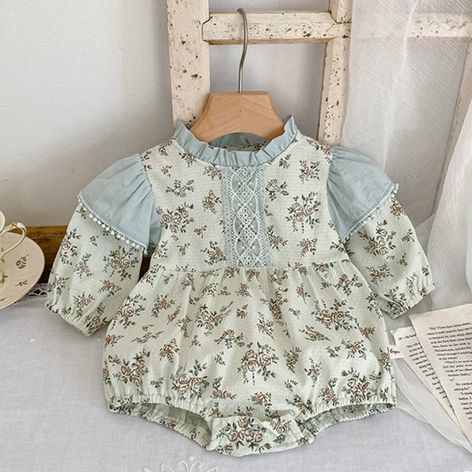 0-3Y Baby Autumn Clothes Retro Lace Infant Bow Ruffle Collar Long Sleeves Bodysuit Kids Girls Floral Print Casual Cotton Onesie