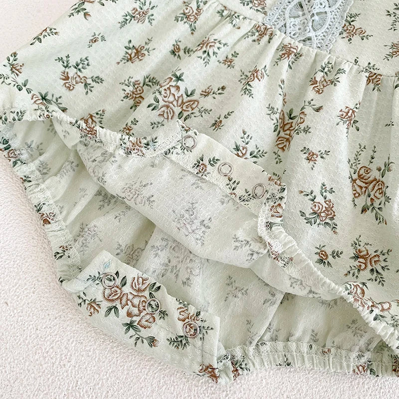 0-3Y Baby Autumn Clothes Retro Lace Infant Bow Ruffle Collar Long Sleeves Bodysuit Kids Girls Floral Print Casual Cotton Onesie