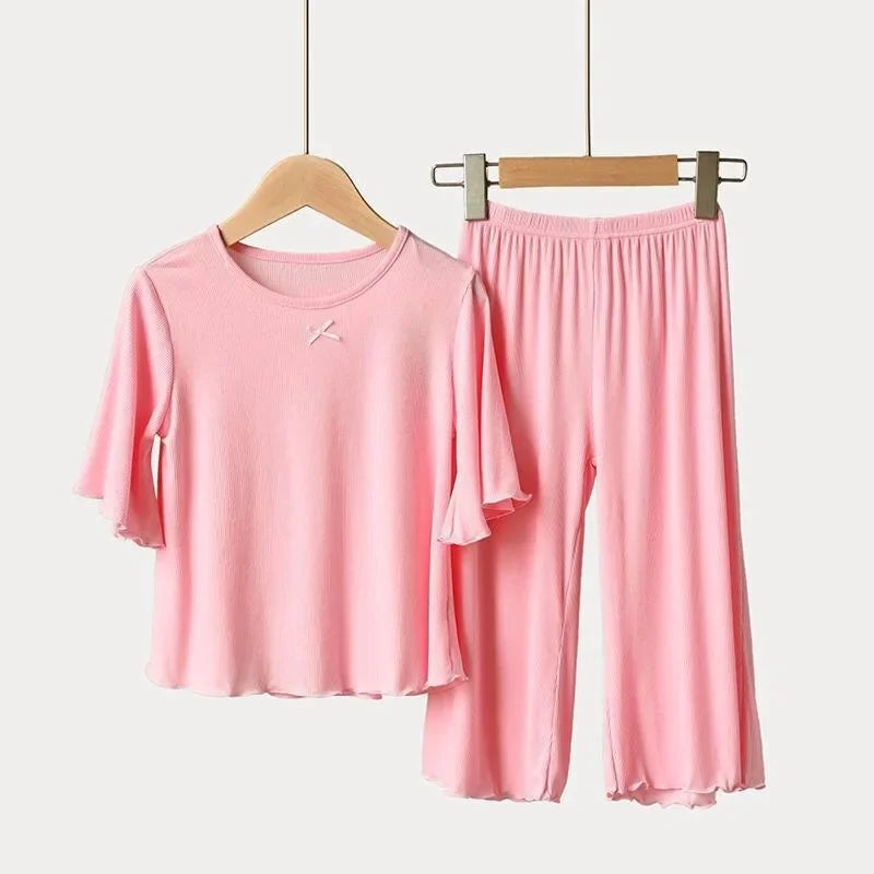 Girls Ice Silk Set Thin Children Homewear Clothes Summer Kids Air Conditioning Short Sleeve Children Sets Girl Pajamas Outfit