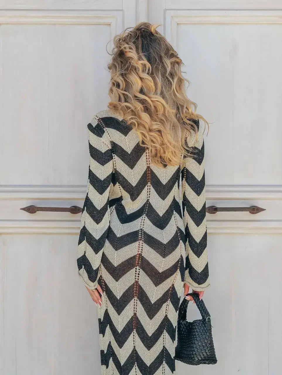 2025 Women's  Stripled Long Sleeve Slim Elegant Knitted Maxi Dress V Neck Autumn New Lace Up Hollow Sexy Beach Cover Up Dress