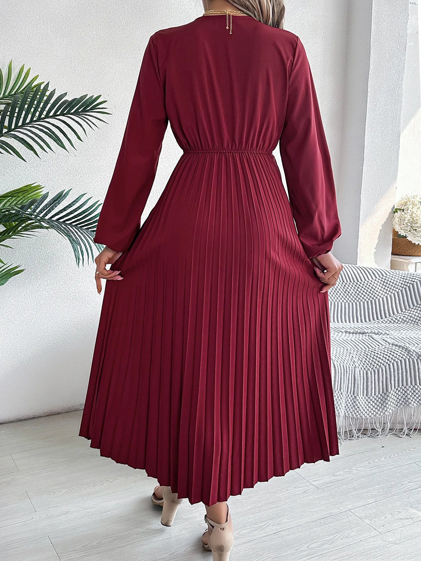 Women's Elegant Solid Color V-Neck Waist-Cinching Long Sleeve Midi Dress with Pleated Ruffles | Spring Autumn Fashion