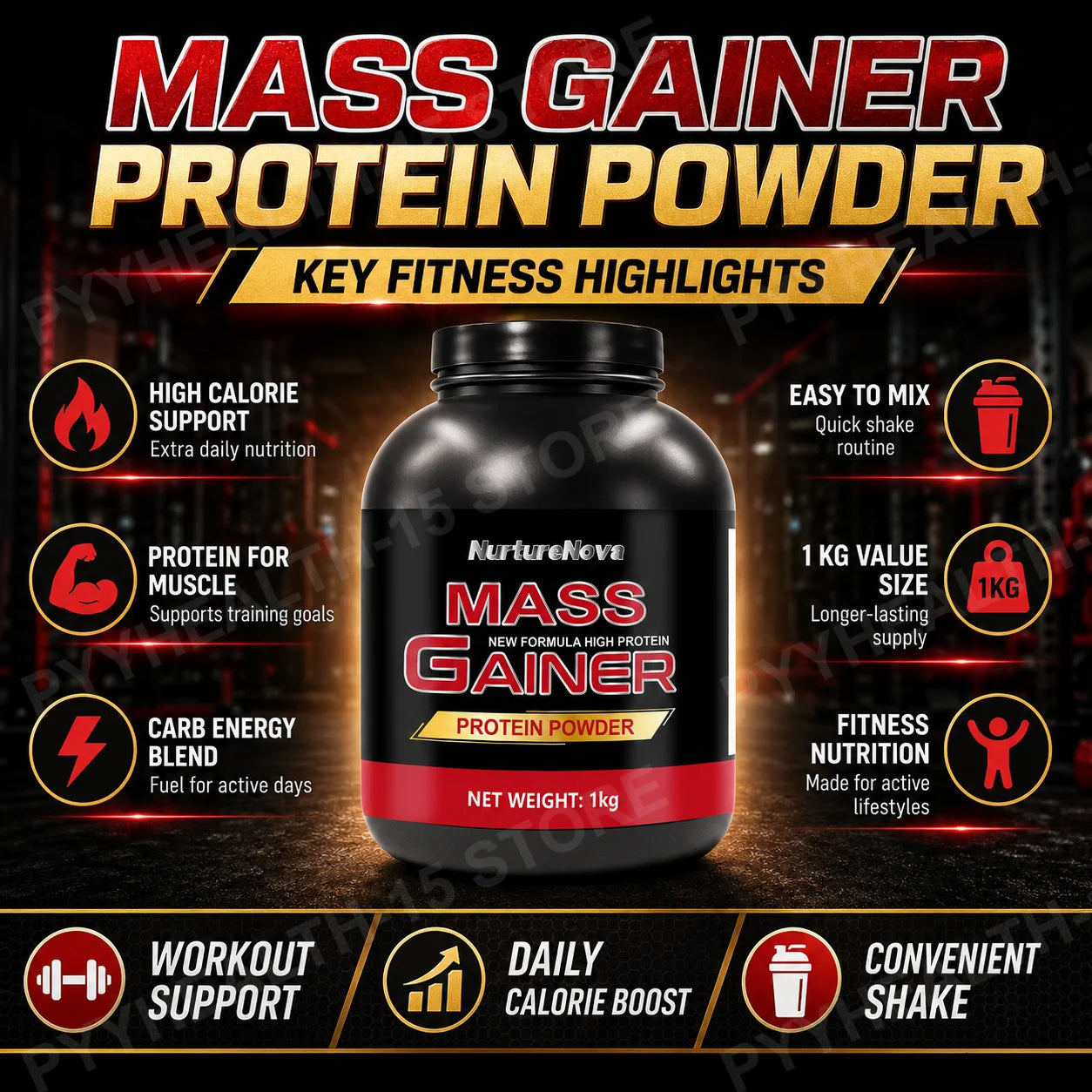 Mass Gainer Protein Powder 1kg Chocolate Flavor, Carb Protein Shake Mix for Adults Fitness Nutrition, Approx 20 Servings