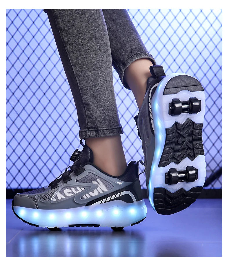 Children's Roller Skate Shoes 4-Wheels Removable Wheeled Rolling Shoes for Kids with LED Light Inline Skate Sneaker