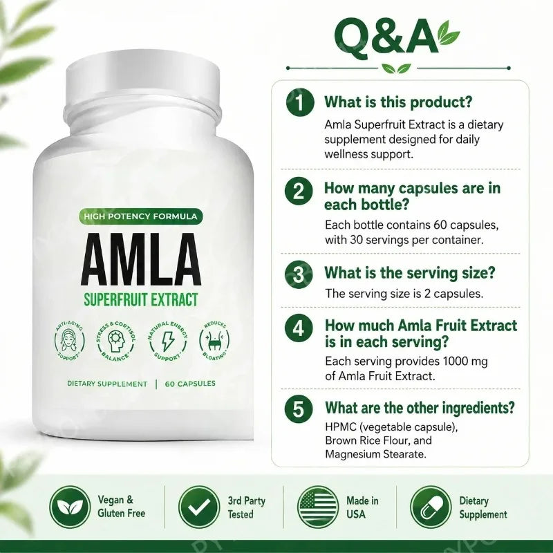 Amla Fruit Extract 1000mg Capsules Superfruit Supplement Energy Support 60 Capsules 30 Servings Vegan Non-GMO Gluten Free