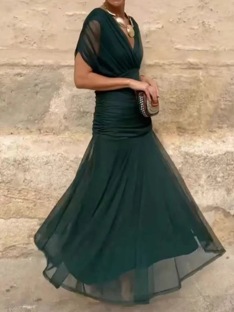 Summer Women Short Sleeve V Neck Sexy Dress, Holiday Female Elegant Fashion Party Dress, 2025 Patchwork Casual Ladies Maxi Dress