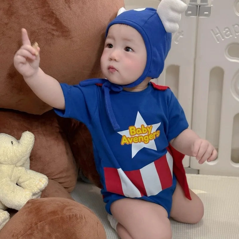 Fall 2025 Korean Superhero Baby Bodysuit Set Costume with Cape Shield & Hat for Cosplay Photoshoot One-Piece High quality Cotton