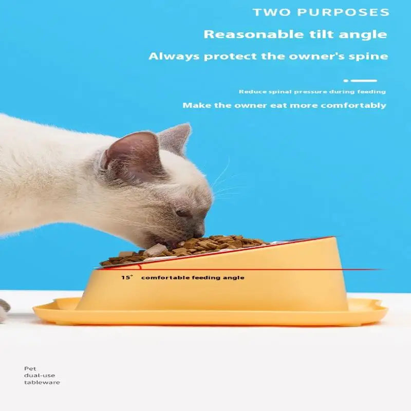 1pc Stainless Steel Double Cat Dog Bowl Cat Food Container Non-slip Base Pet Water Feeder Tilt Safeguard Neck Puppy Cats Bowls