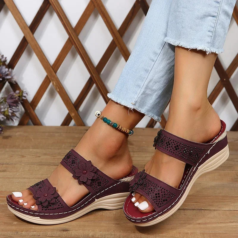 2024 Summer Women Slippers Plus Size Women's Shoes Retro Roman Sandals Women Pu Casual Flower Wedge Sandals Platform Slippers