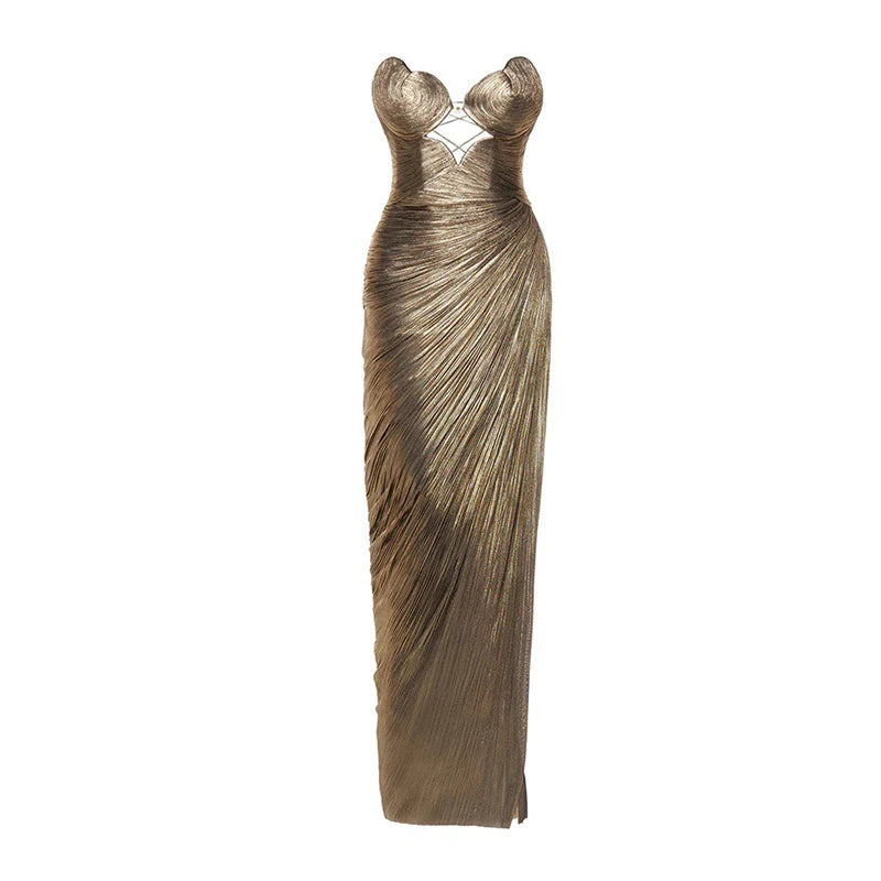 Lady Temperament Off Shoulder Pleats Slim A-line Dress Backless Irregular Long Dress Fashion Strapless High Waist Cocktail Dress