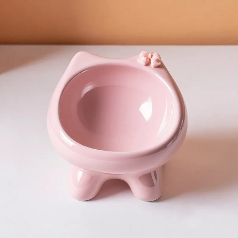 Ceramic Heightening Bowl Set | Cute Macaron Color Series，Slanted Spill-Proof，Cat Slow Feeder Bowl，InsEasy to Clean，Multi-Color O