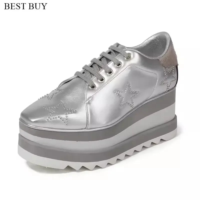 2024 Height Increasing Star Rivet Shoes Classic Platform Rose Gold sneakers Mix Color Square Toe Wedge Shoes Lace Up Lady Shoes