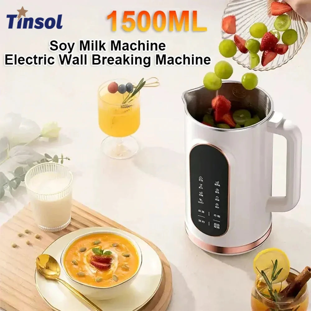 1500ml Multi-Function Electric Soy Milk Maker with Large Touchscreen Display, 10-Blade Mixer, Blender, and Nut Milk Maker