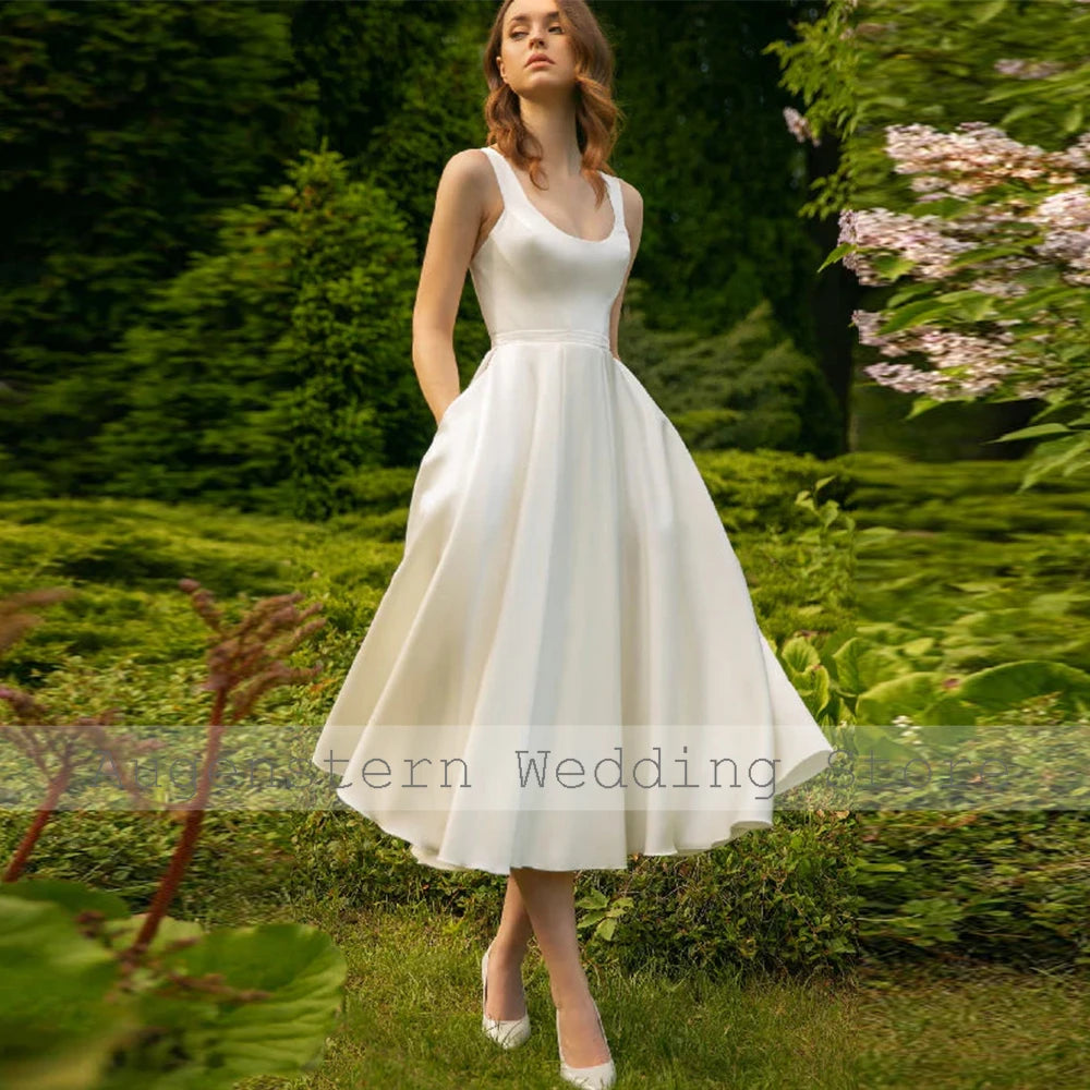 2025 Elegant Midi Wedding Dresses Satin A-line Modern Engagement Dress Ivory Square Neck Pocket Ruched Anniversary Bridal Gown