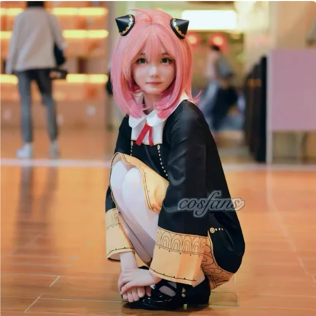 Halloween X Familie Anya Cosplay Costume Kids Adults Black Dress Kawaii Girls Women Dress Pink Wig Party Role Play Outfits
