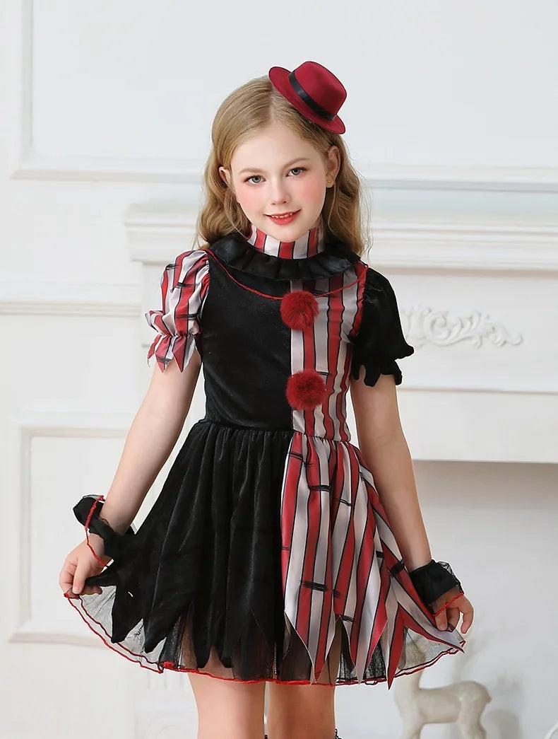 Halloween Cosplay Costumes Horror Clown Dresses Pants Headwear Clothes Sets Carnival Theme Party Role Playing Outfits for Girls