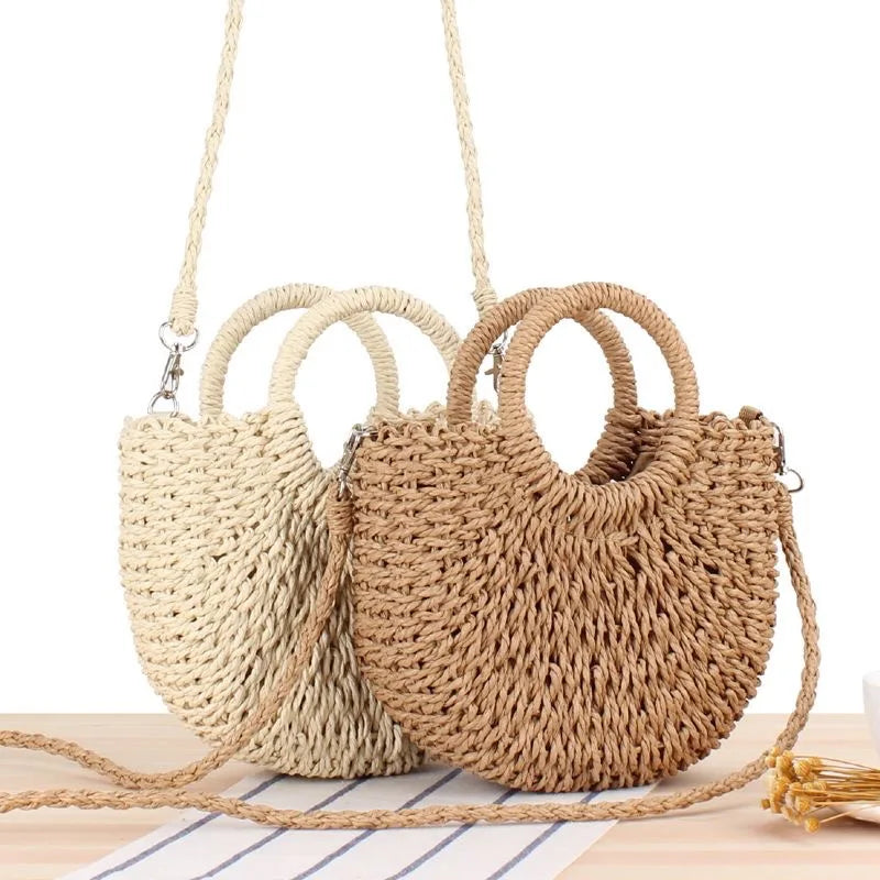 Hand Woven Straw Semicircle Tote Bag Large Capacity Handheld Crossbody 2-in-1 Beach Vacation Fashion Bag for Women